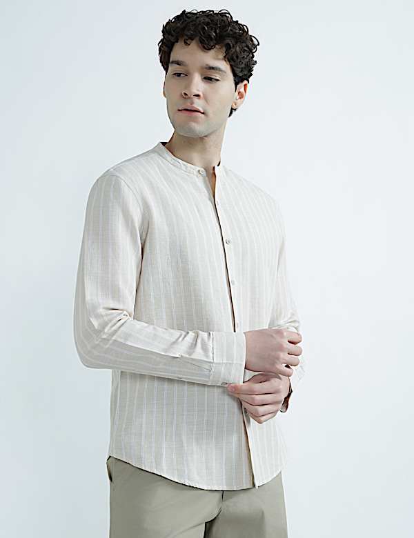 Linen Rich Mandrin Collar Striped Shirt
