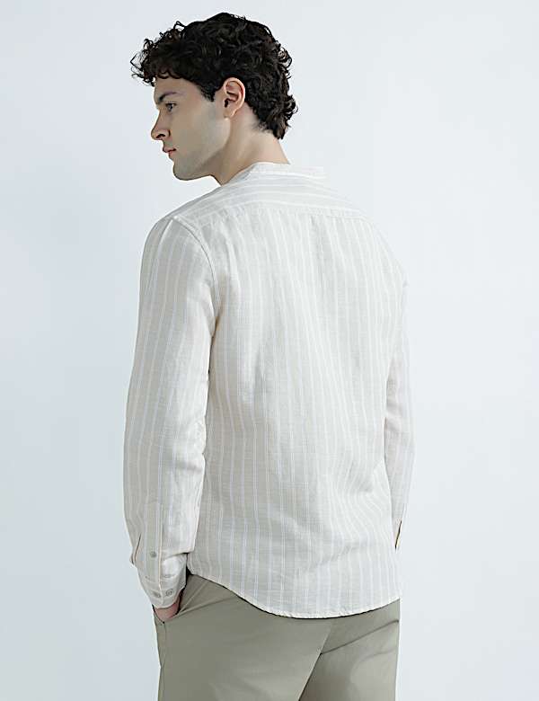 Linen Rich Mandrin Collar Striped Shirt