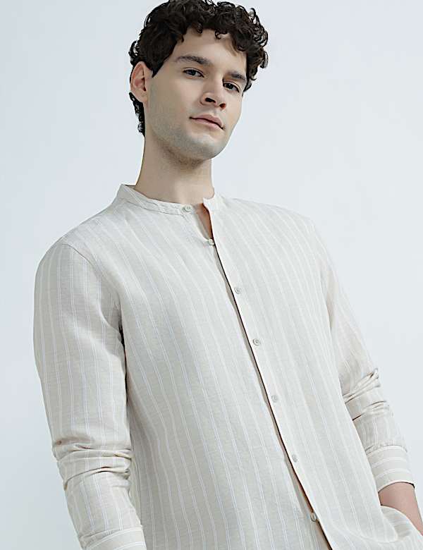 Linen Rich Mandrin Collar Striped Shirt