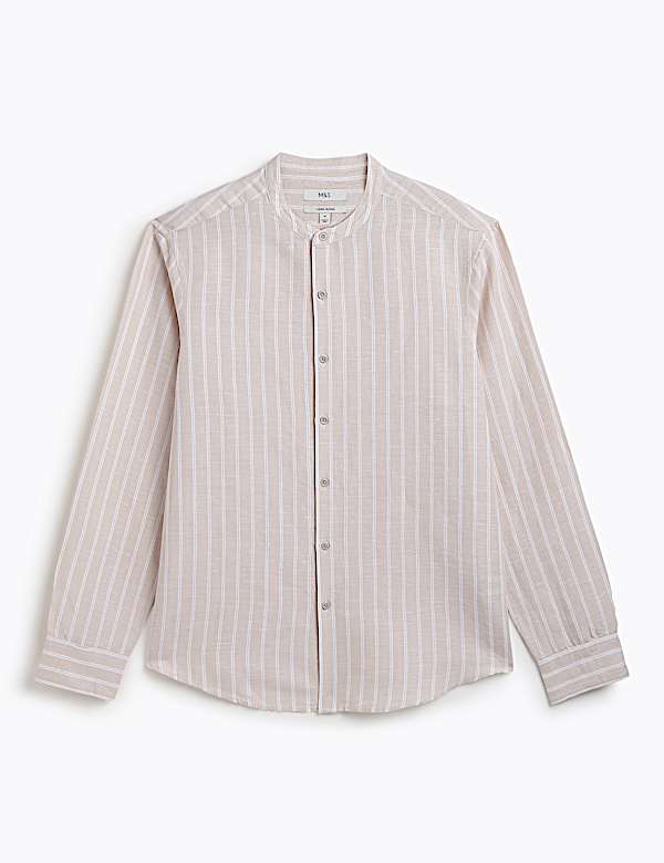 Linen Rich Striped Mandarin Collar Shirt