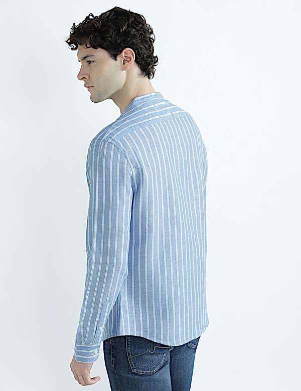Linen Rich Mandrin Collar Striped Shirt