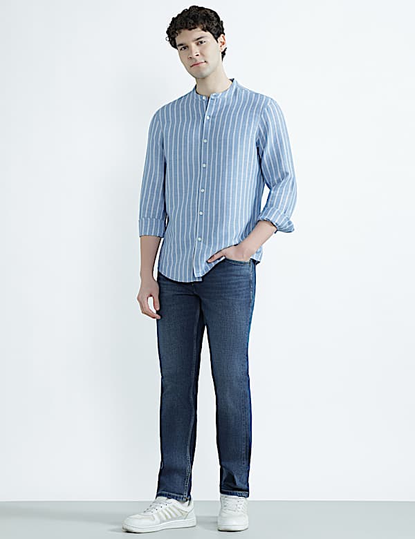 Linen Rich Mandrin Collar Striped Shirt