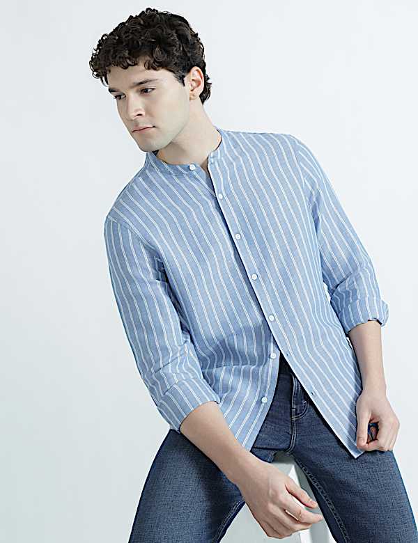 Linen Rich Mandrin Collar Striped Shirt
