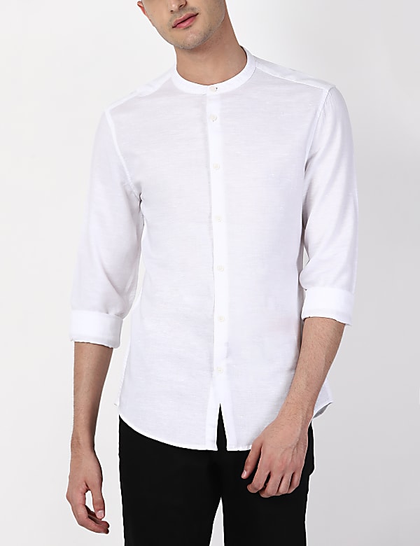 Linen Mix Grandad Collar Solid Shirt