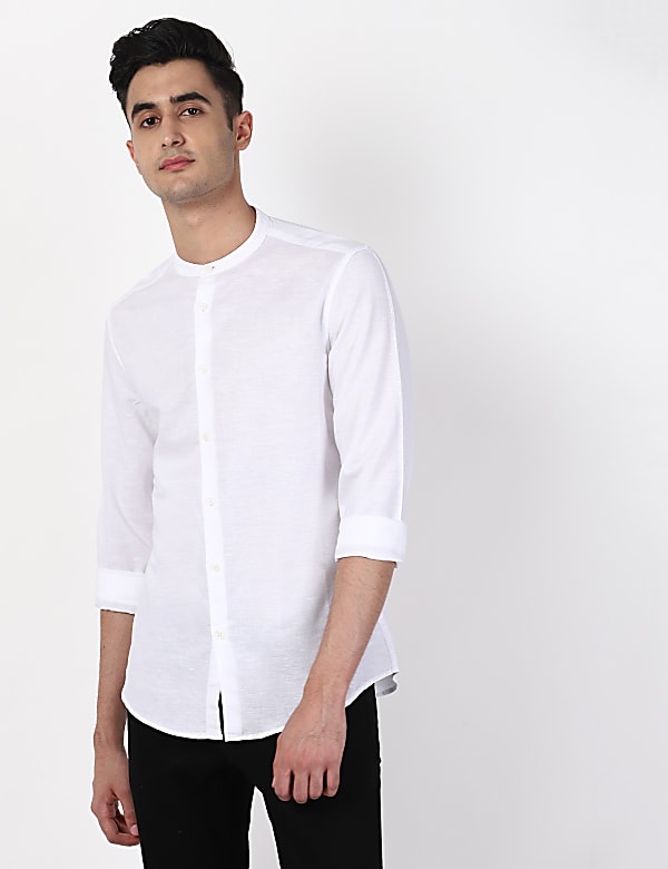 Linen Mix Grandad Collar Solid Shirt