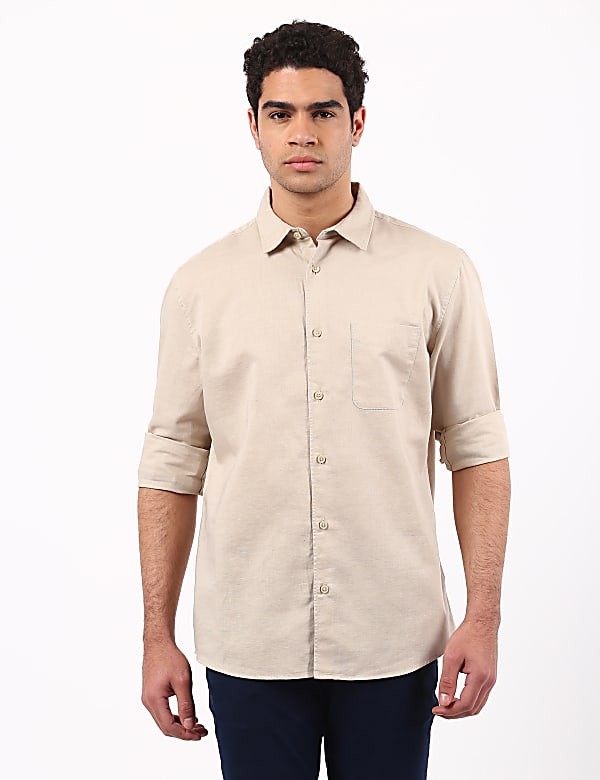 Linen Mix Plain Spread Collar Shirts