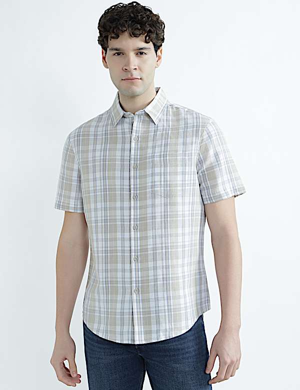 Linen Rich Spread Collar Check Shirt