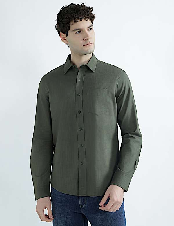 Pure Cotton Spread Collar Plain Shirt