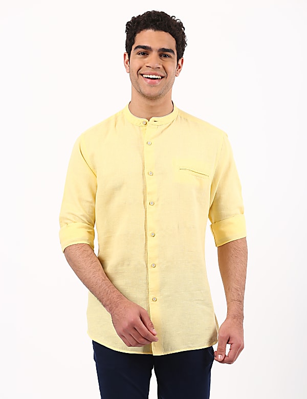 Linen Mix Grandad Collar Solid Shirt
