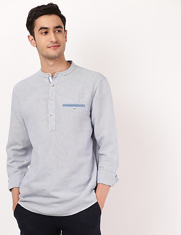 Linen Mix Half Placket Stripes Shirt