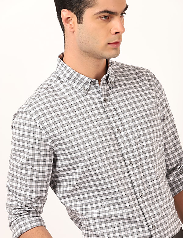 Pure Cotton Checked Spread Collar Shirt