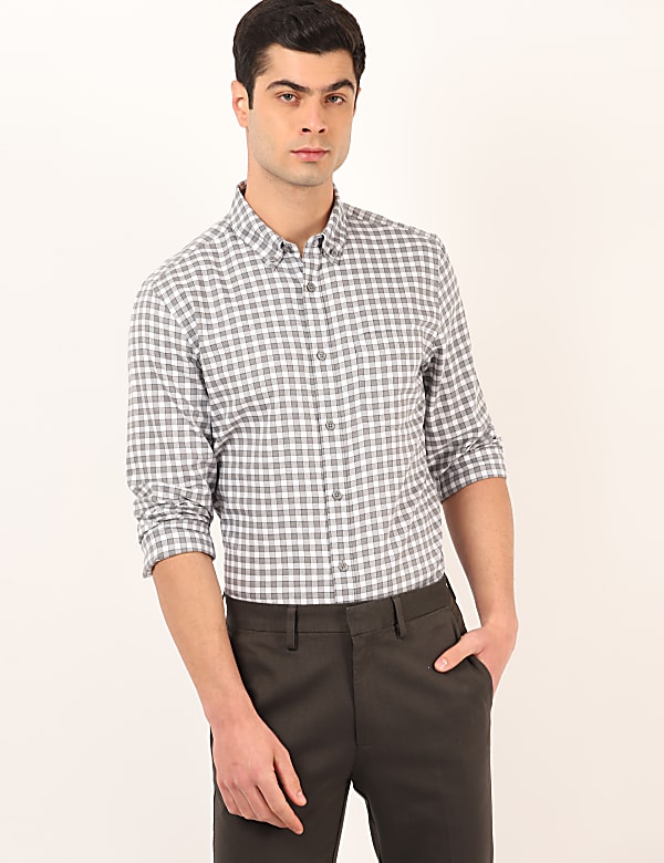 Pure Cotton Checked Spread Collar Shirt