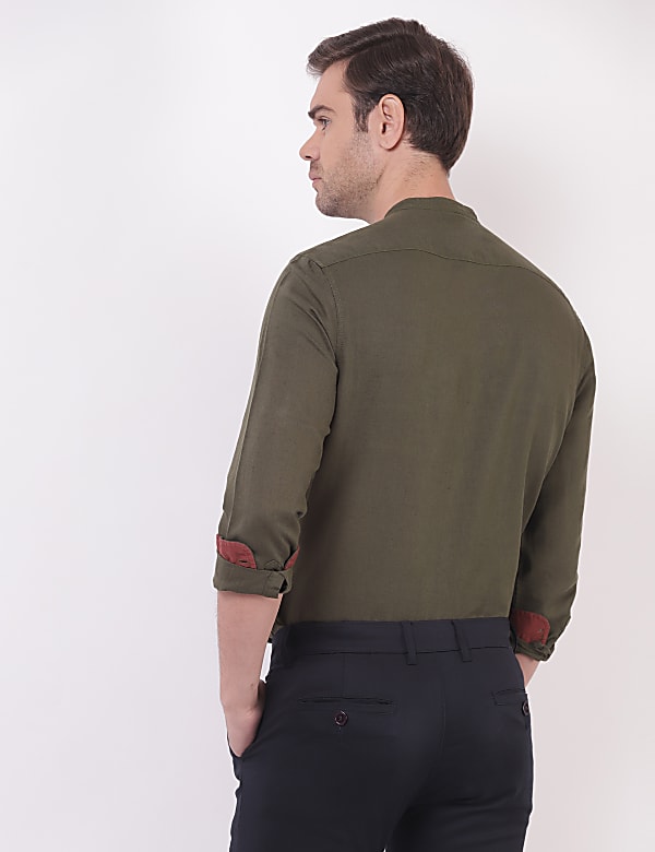 Linen Mix Plain Mandarin Collar Shirts
