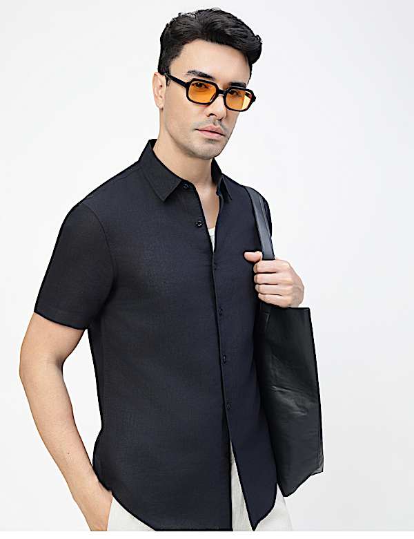 Linen Rich Plain Spread Collar Shirt