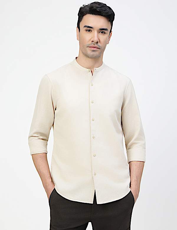 Linen Rich Plain Band Collar Shirt