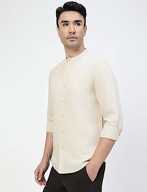 Linen Rich Plain Band Collar Shirt