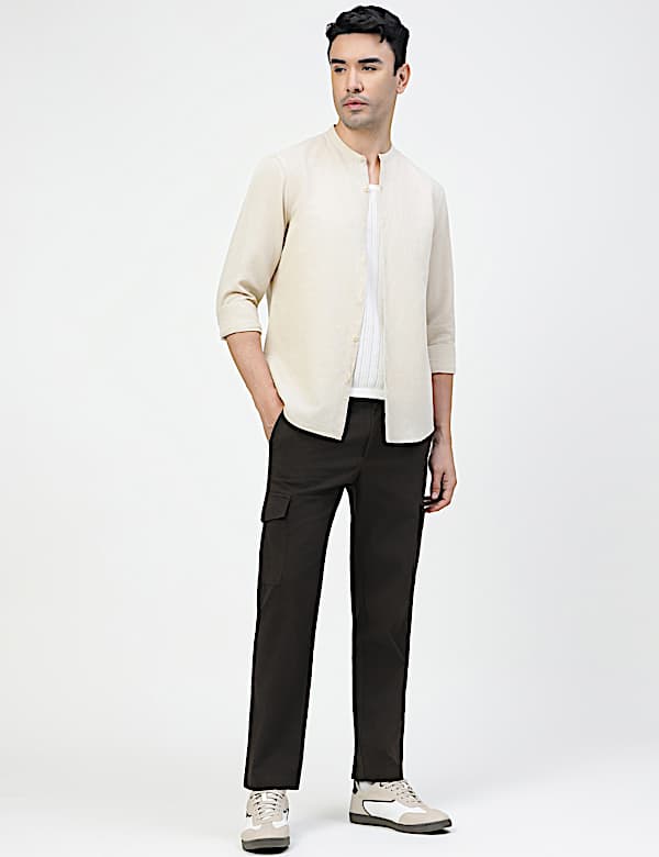 Linen Rich Plain Band Collar Shirt