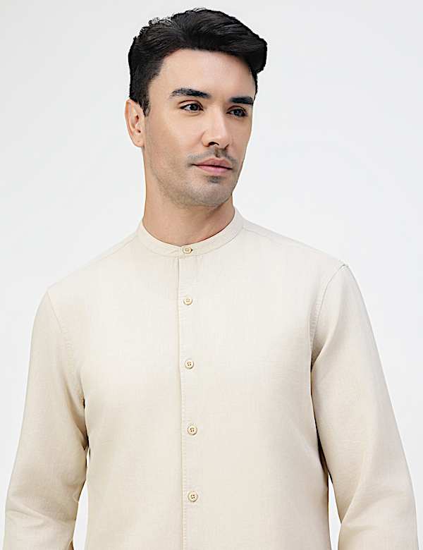 Linen Rich Plain Band Collar Shirt