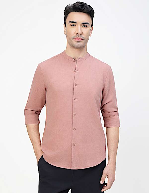 Linen Rich Plain Band Collar Shirt