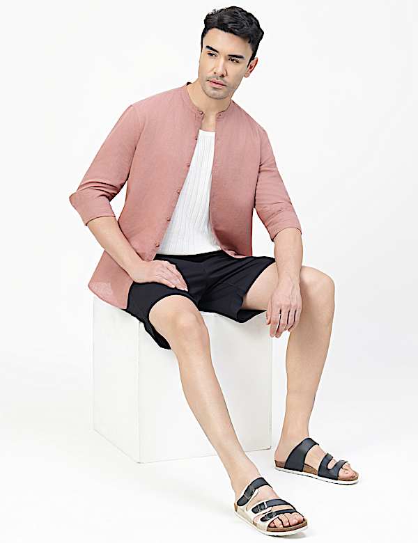 Linen Rich Plain Band Collar Shirt