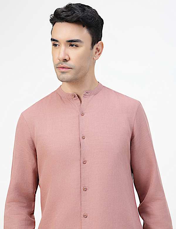 Linen Rich Plain Band Collar Shirt