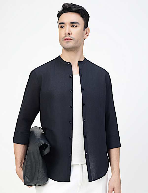 Linen Rich Plain Band Collar Shirt