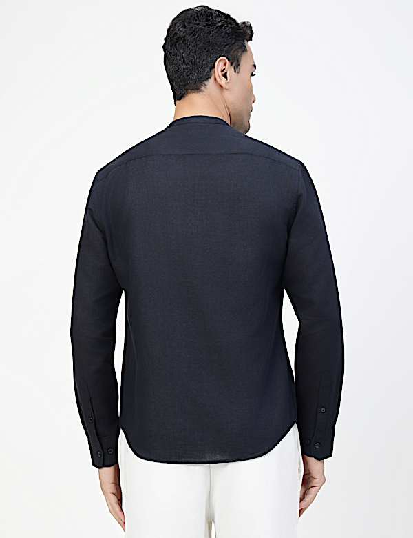 Linen Rich Plain Band Collar Shirt