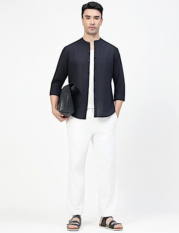 Linen Rich Plain Band Collar Shirt