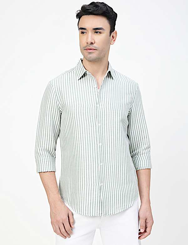 Linen Rich Striped Spread Collar Shirt