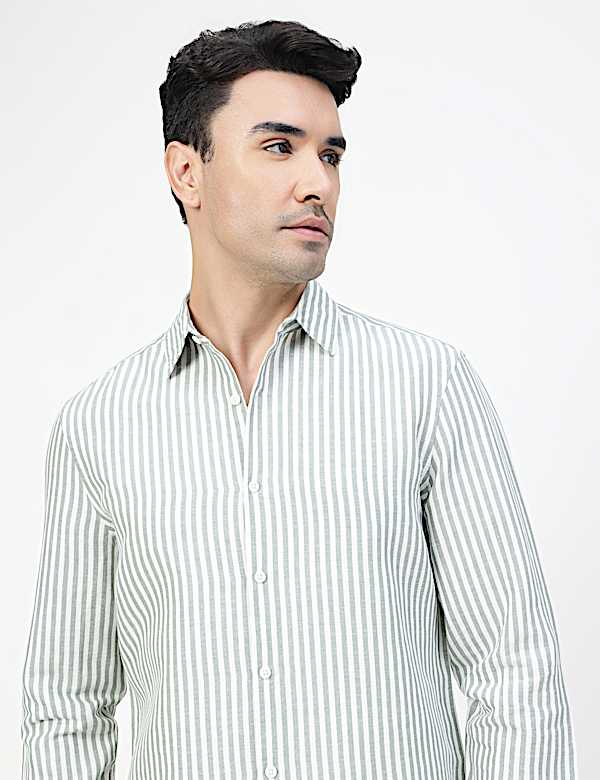 Linen Rich Striped Spread Collar Shirt