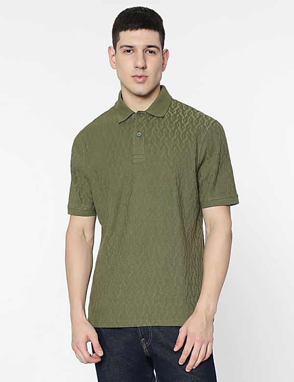 Cotton Rich Self Design Polo T-Shirt