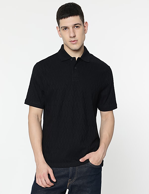 Cotton Rich Self Design Polo T-Shirt