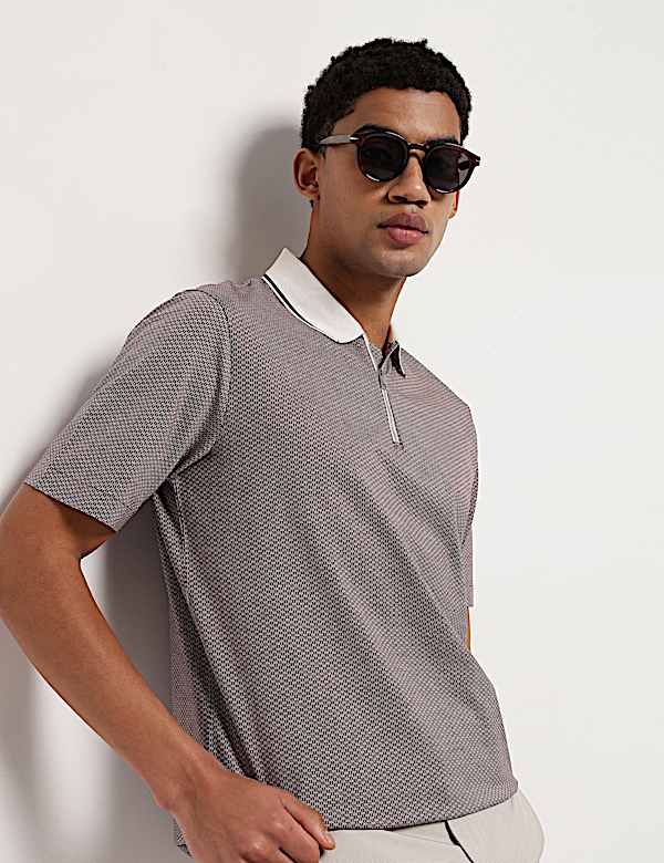 Pure Cotton Geometric Polo Neck T-Shirt