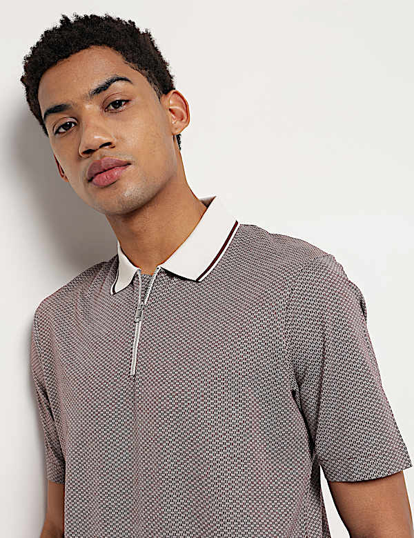 Pure Cotton Geometric Polo Neck T-Shirt