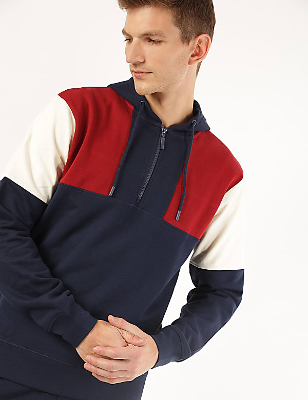 Pure Cotton Colorblock Hooded Sweatshirt