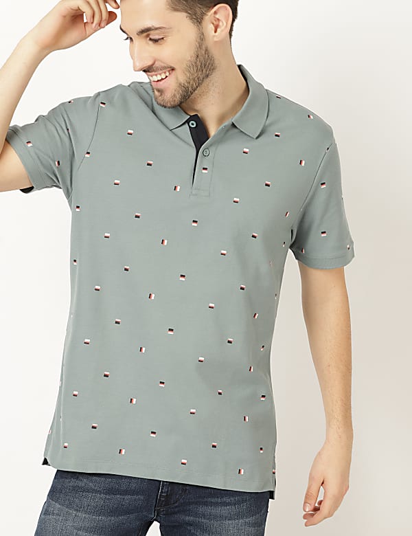 Pure Cotton Printed Polo Neck T-Shirt
