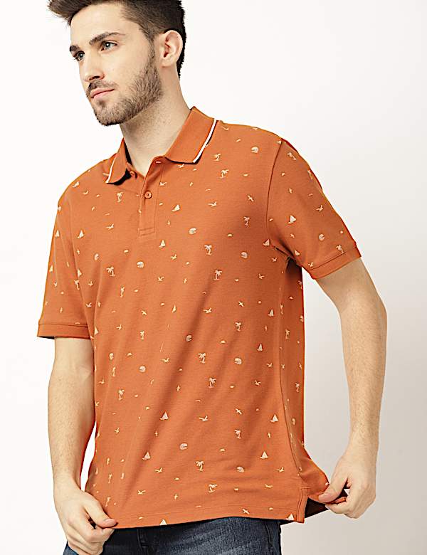 Pure Cotton Printed Polo Neck T-Shirt