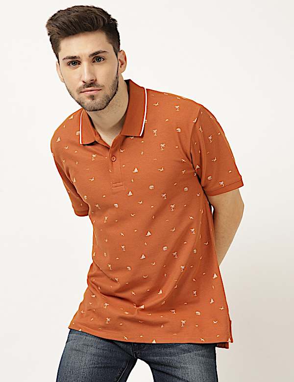 Pure Cotton Printed Polo Neck T-Shirt