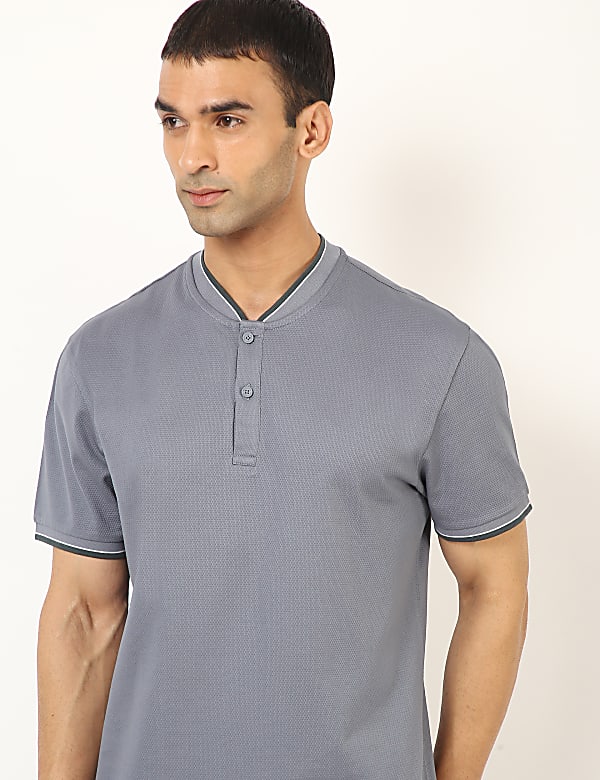 Pure Cotton Self Design Henley Neck T-Shirt