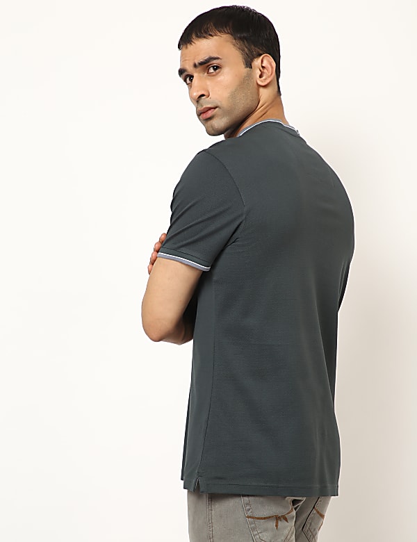 Pure Cotton Self Design Henley Neck T-Shirt