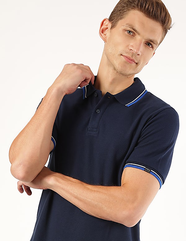 Pure Cotton Striped Polo Neck T-Shirt