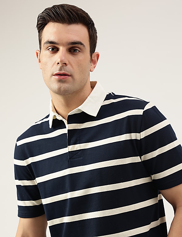 Regular Fit Pure Cotton Stripes Polo Collar Tshirt