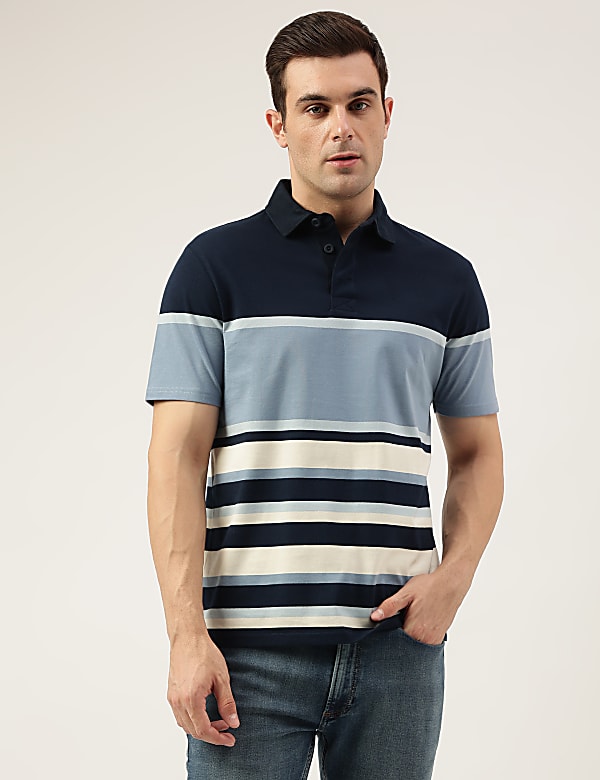 Regular Fit Pure Cotton Stripes Polo Collar Tshirt