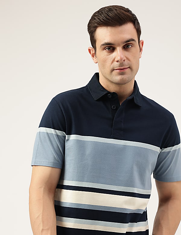 Regular Fit Pure Cotton Stripes Polo Collar Tshirt