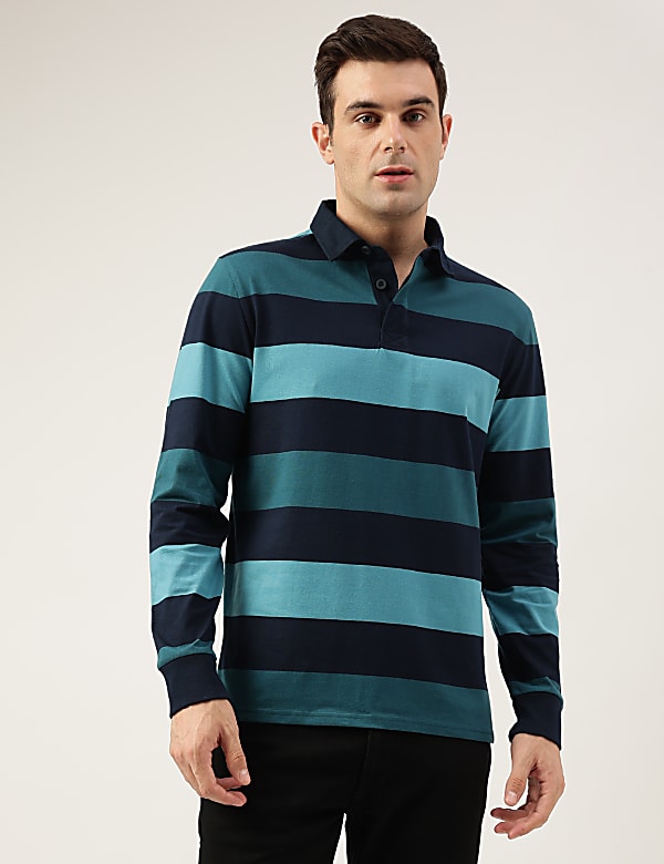 Regular Fit Pure Cotton Stripes Polo Collar Tshirt