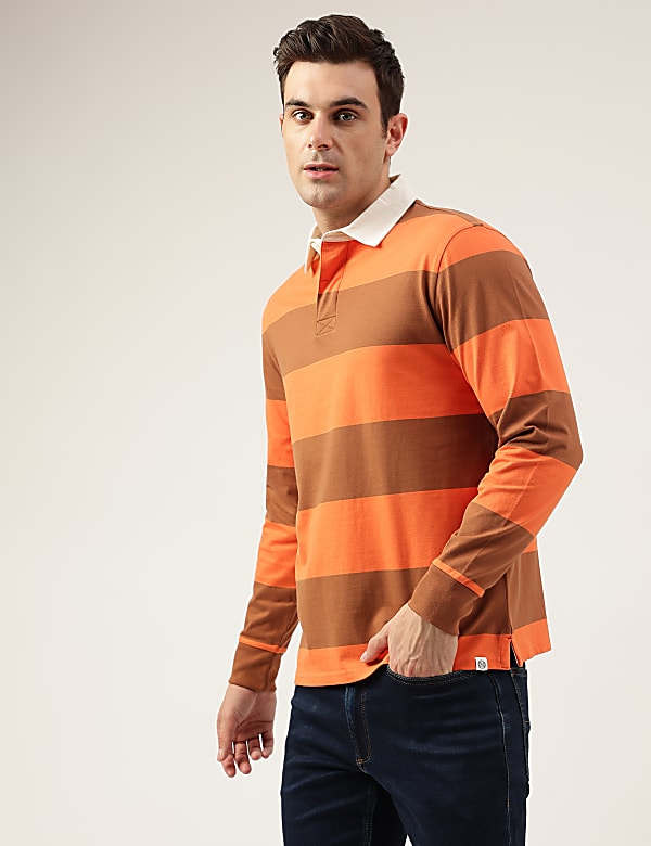 Regular Fit Pure Cotton Stripes Polo Collar Tshirt