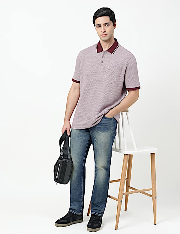 Pure Cotton Self Design Polo Neck T-Shirt