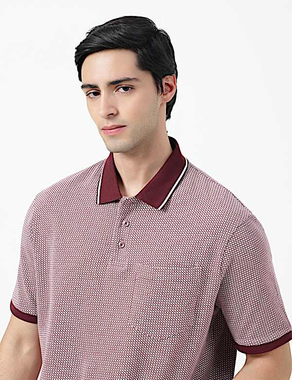 Pure Cotton Self Design Polo Neck T-Shirt