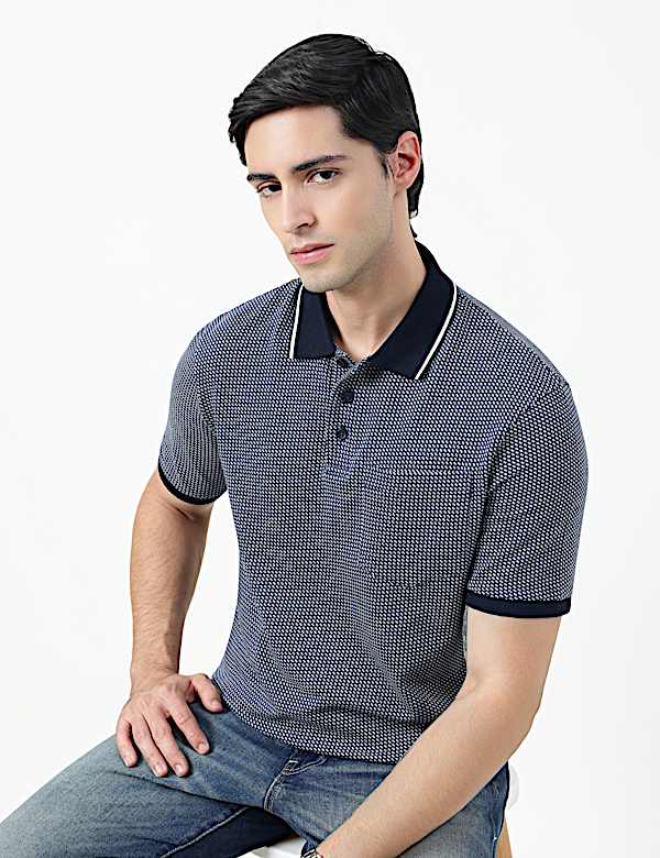 Pure Cotton Self Design Polo Neck T-Shirt