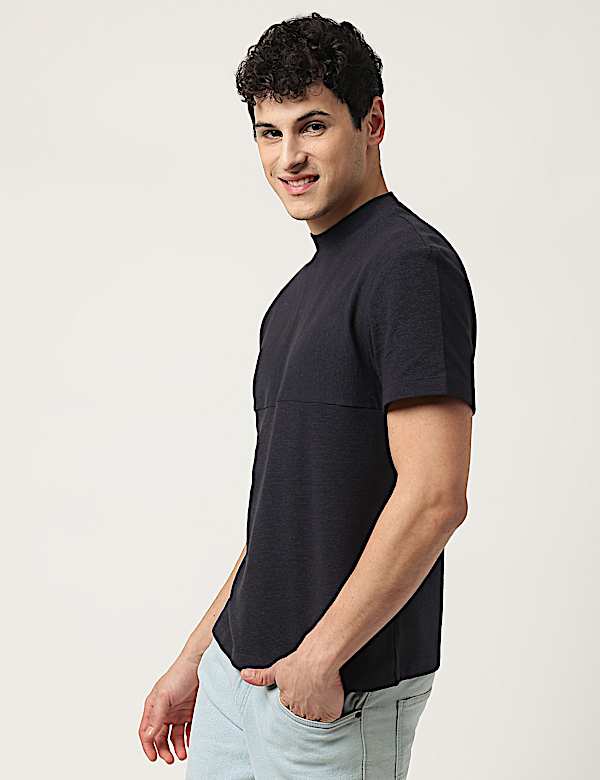 Cotton Mix Ribbed Crew Neck T-Shirt